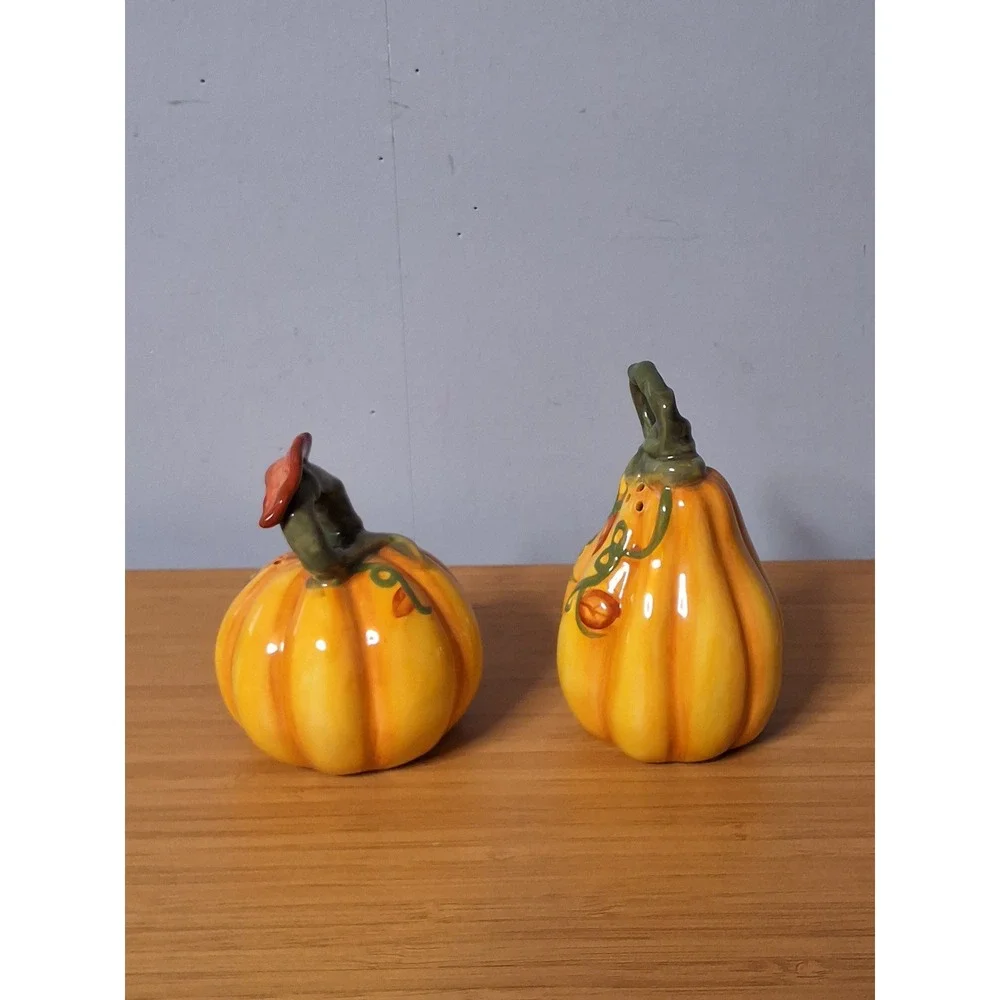 Blue Sky Heather Goldminc Pumpkin Gourd Salt Pepper Shaker Set Ceramic 2014 Fall